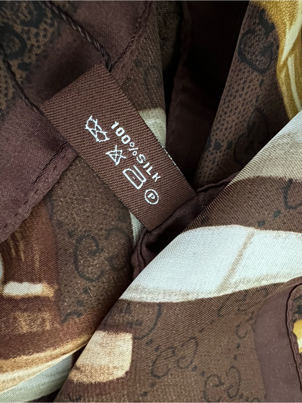 Silk Allover Logo & Bamboo Print Scarf Brown Gold Plaid Shawl Wrap 100% Silk NWT - Picture 8 of 8